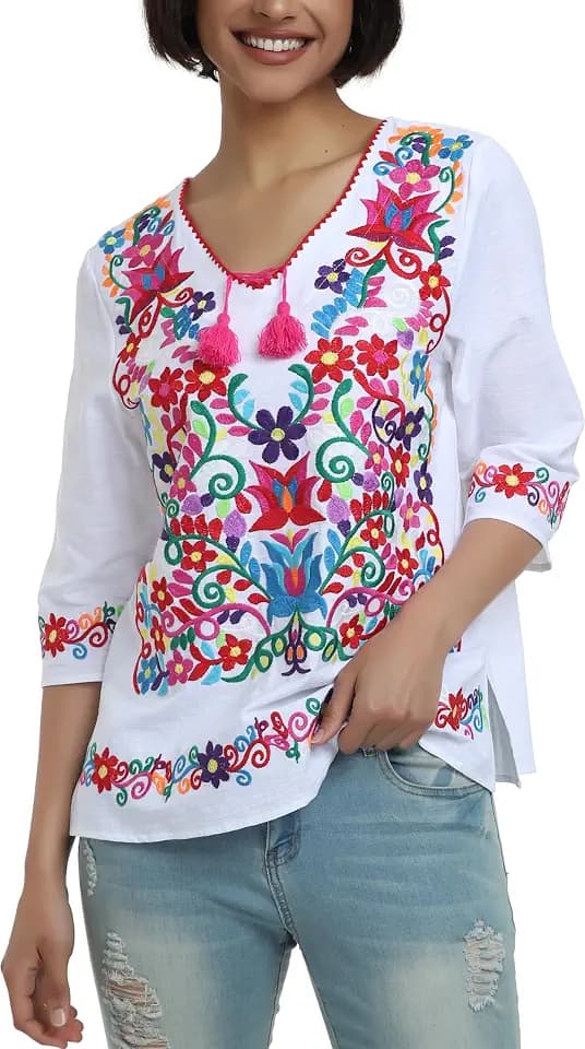 Womens Mexican Boho Floral Embroidered Tops V Neck 3/4 Sleeve Tunic Blouse