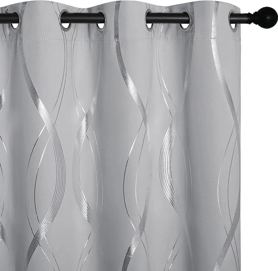 NICETOWN Kitchen Blackout Curtain Panels, Silver Grey, Set of 2, 42 by 48 Inch, Window Treatment Thermal Insulated Solid Grommet Blackout Wave Line Foil Print Design Curtains for Kitchen, Cafe, Loft