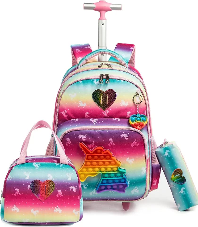 HTgroce Schulranzen Mit Rollen Rollrucksack Schulranzen mit Rollen für Mädchen Rucksack mit Lunch Bag und Mäppchen