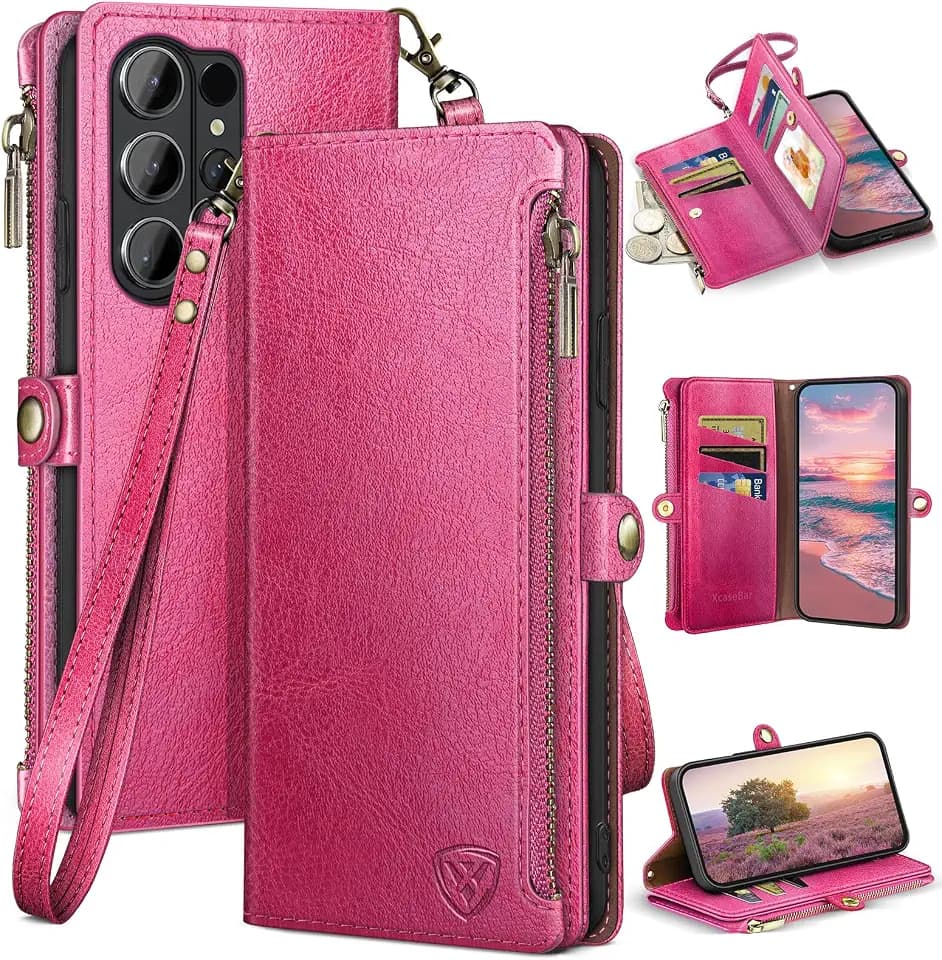 XcaseBar compatible with ‌Samsung Galaxy S26 Ultra Wallet case with Zipper Credit Card Holder【RFID Blocking】,Flip Folio Book PU Phone case Shockproof Cover Women Men for Samsung S26Ultra case Rose Red