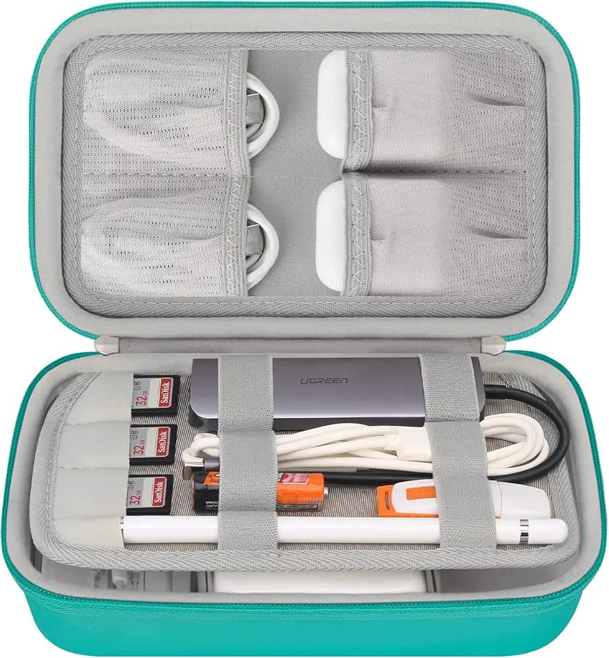Elonbo Hard Travel Cords Organizer Universal Small Electronic Accessories Carrying Case for Chargers Cables MacBook Adapter Magic Mouse Apple Pencil USB Flash Disk Tech Portable Storage Bag,Turquoise