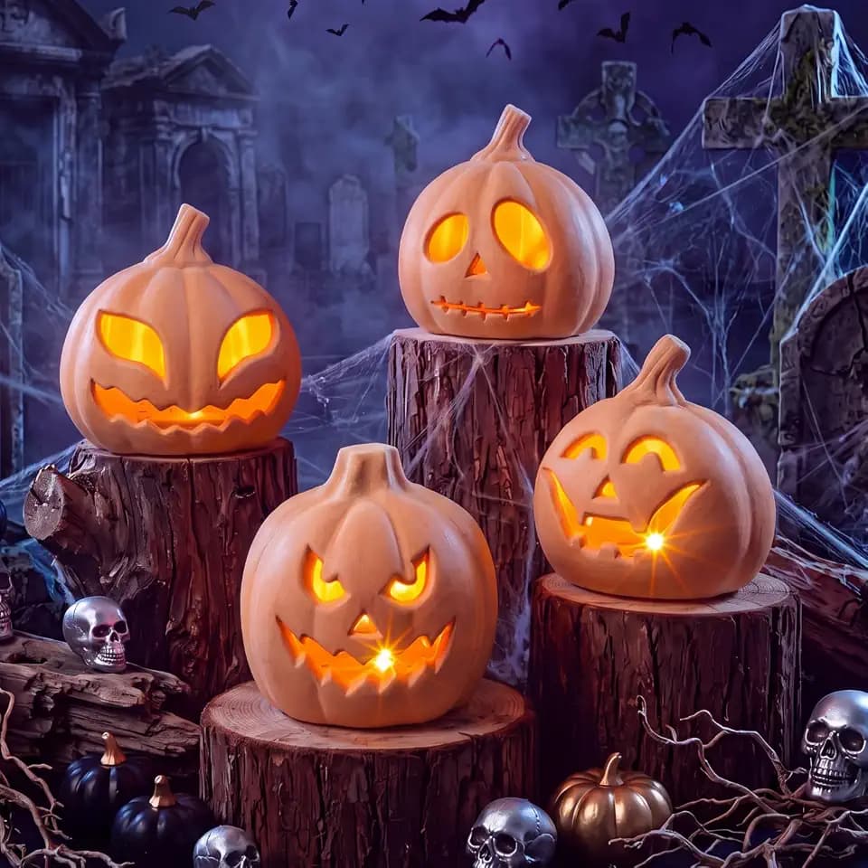 Pinkunn 4pcs Halloween Pumpkin Jack O Lanterns, Terracotta, 5.25 Inch, Ugly