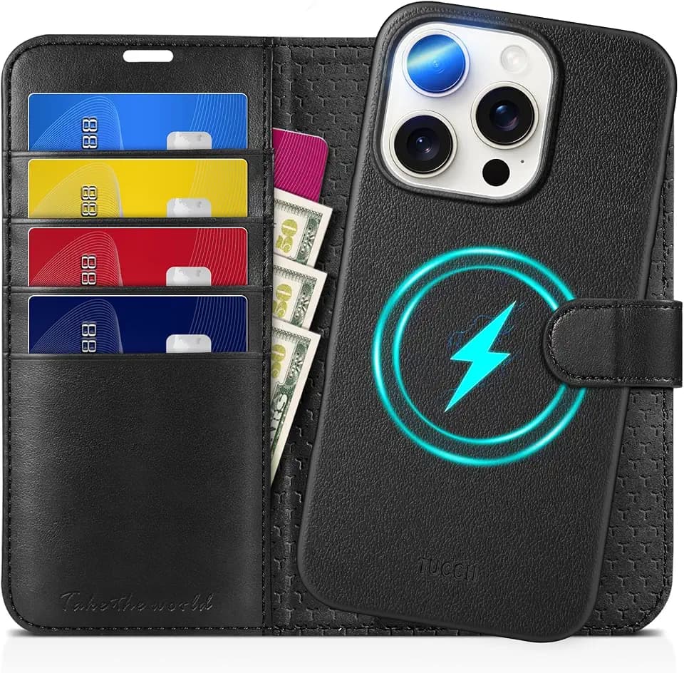 TUCCH 2-in-1 Detachable Wallet Case for iPhone 16 Pro 6.3" 2024, Full Black
