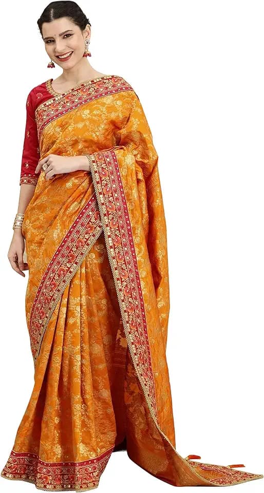 TRENDMALLS Damen Sari aus reiner Seide mit Stickerei, Blusenteil, Orange/Abendrot im Zickzackmuster (Sunset Chevron), One Size