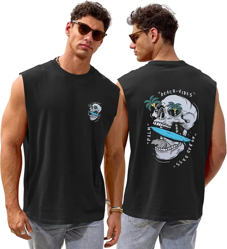VOGSTART Mens Summer Graphic Tank Casual Cotton Sleeveless Cutoff Shirts