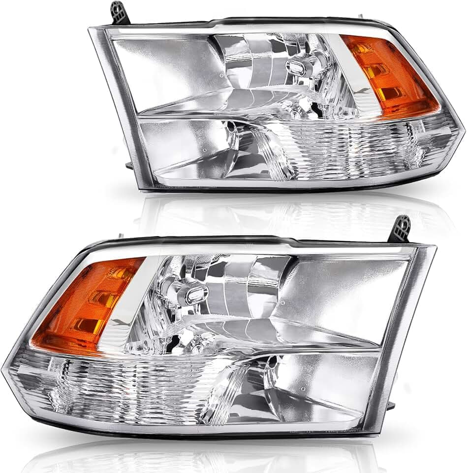 DWVO Headlight Assembly Compatible with 2009-2018 Dodge Ram 1500/10-18 Dodge Ram 2500 3500/19-22 Ram 1500 Classic(Only fit Quad Models) Headlamp Replacement Chrome Housing Amber Reflector