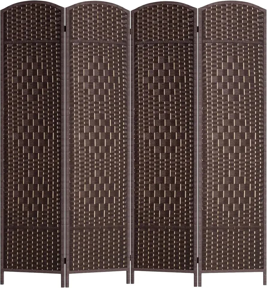 FDW | 4-Panel Folding Room Divider | 6ft, Dark Brown | Hand Woven Mesh