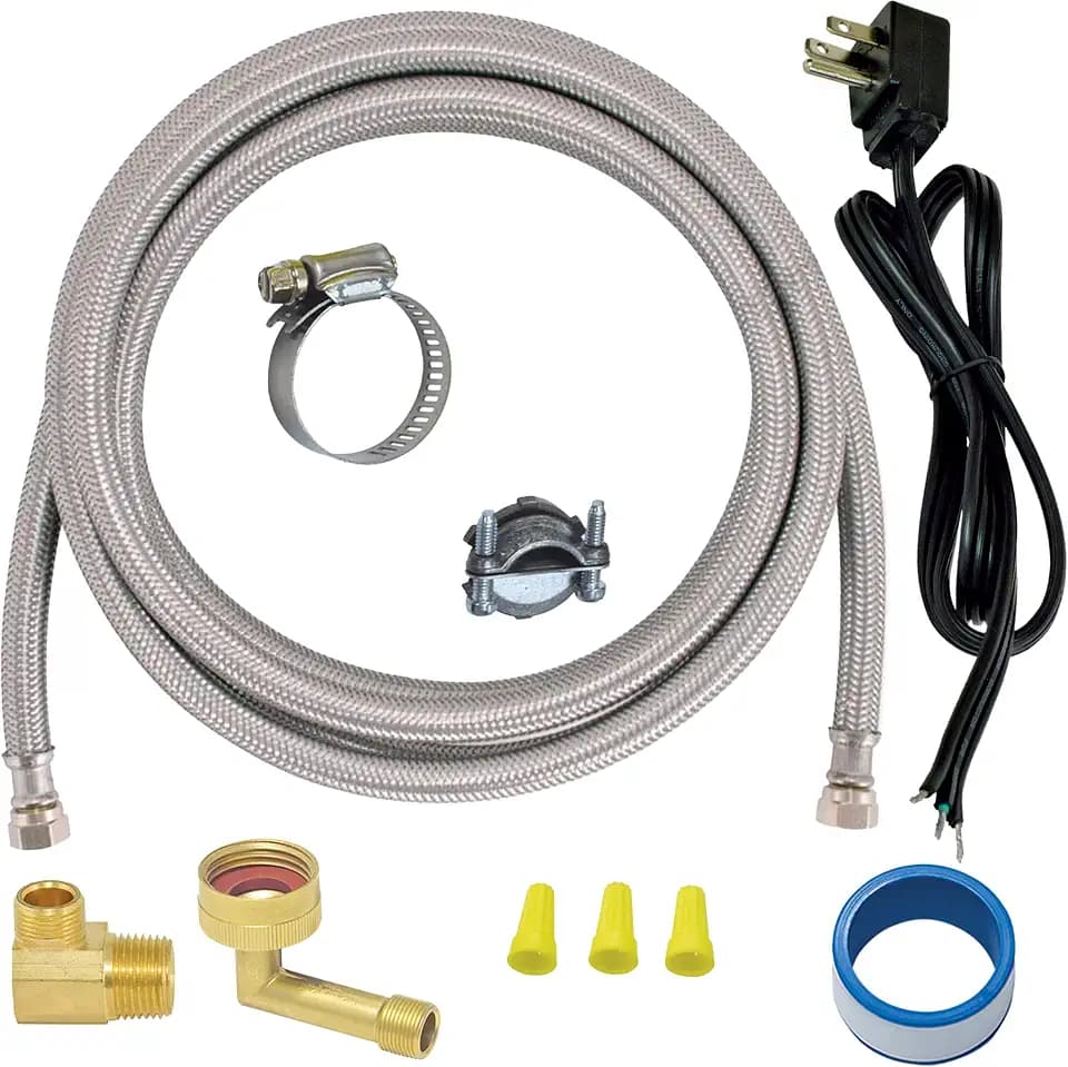 Eastman 6 Ft. Dishwasher Installation Kit, Braided Stainless Steel Supply Line with 3/8 Inch Compression Ends, 3-Prong Angled Power Cord, 48337N