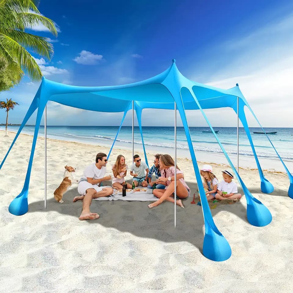 Rhino Valley 10 x 10 FT Beach Tent UPF50+ with 8 Sandbags 4 Poles, Sky Blue