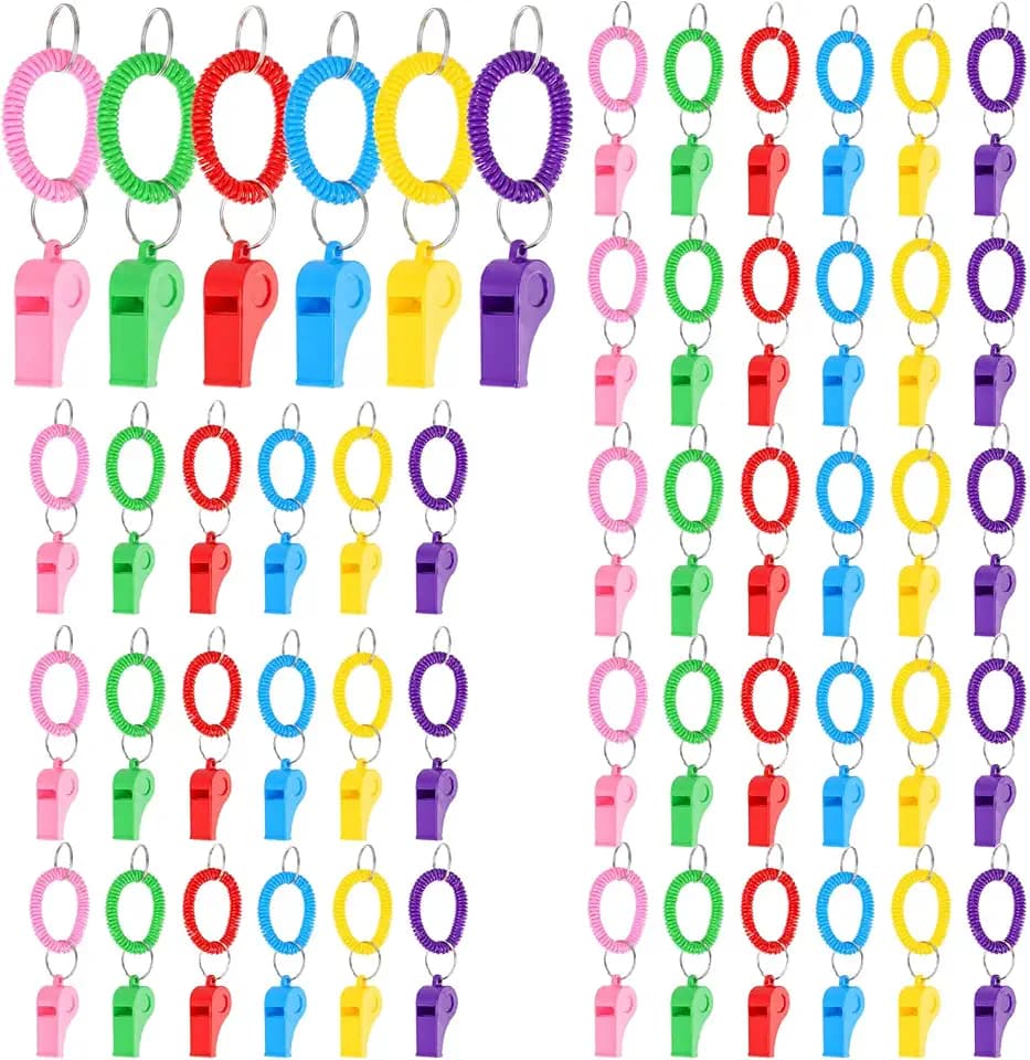 54 Pack Sport Whistles with Bracelet, 6 Color Loud Plastic Whistle Set with Stretchable Coil Wrist Keychain for Coaches, Referees, Emergency, Training, Outdoor Activities