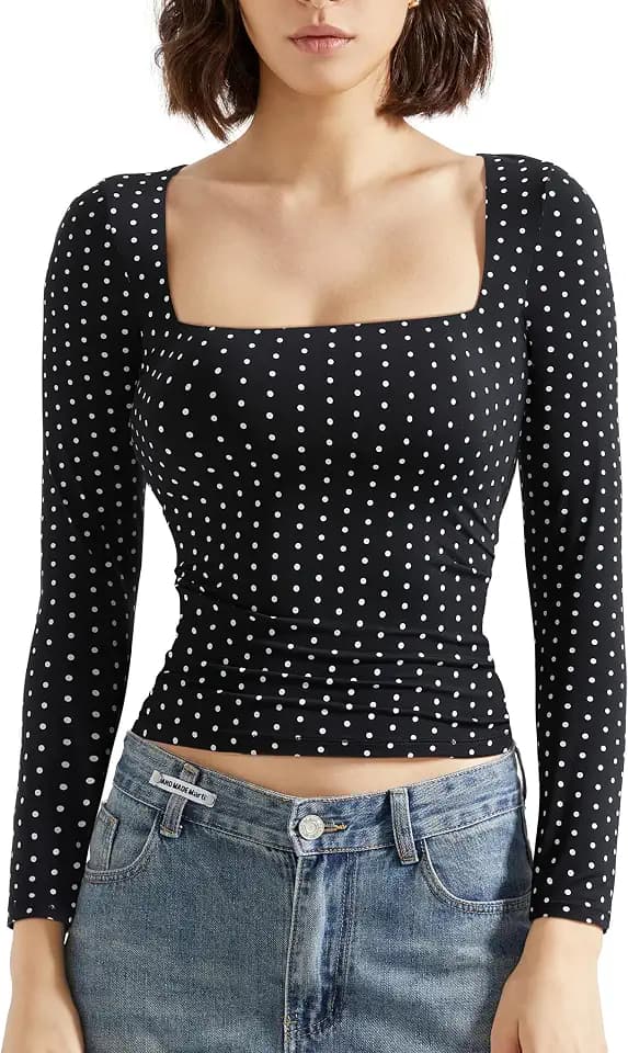 SUUKSESS Women Square Neck Long Sleeve Tops Double Lined Going Out T Shirts