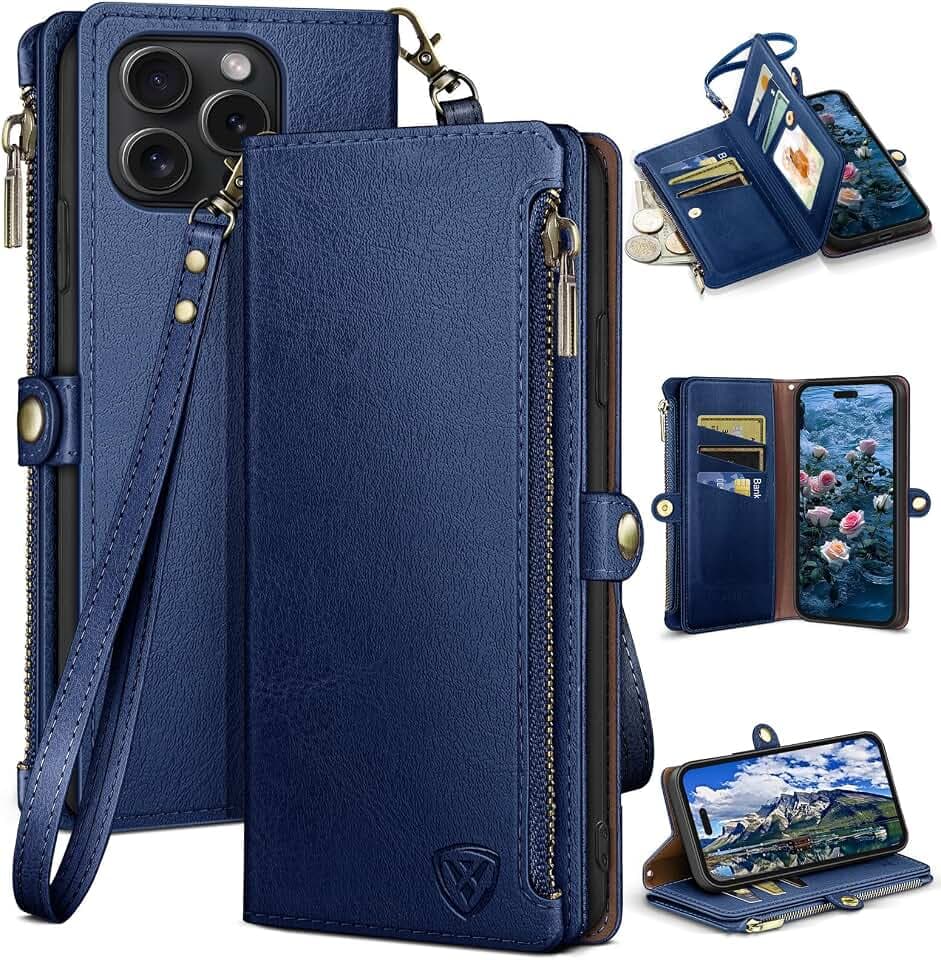 XcaseBar for iPhone 14 Pro 6.1" Wallet case with 【RFID Blocking】 Zipper Credit Card Holder, Flip Folio Book PU Leather Phone case Shockproof Cover Women Men for Apple 14Pro case Blue