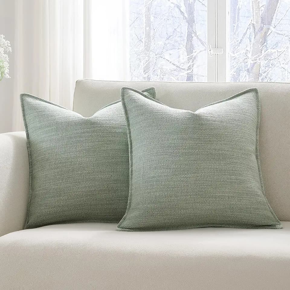 Meekio Set of 2 Sage Green Pillow Covers 16x16, Linen Look Throw Pillow Covers with Flange Edge for Sofa Couch Living Décor