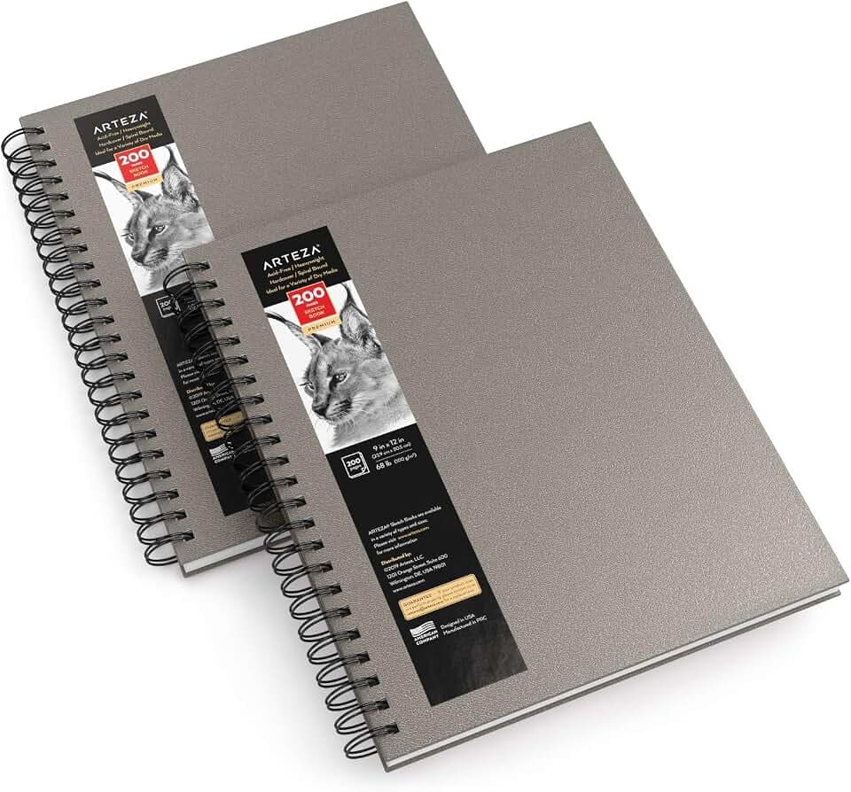 Arteza Skizzenbuch mit Spiralbindung 2er-Pack je 100 Blatt, 22.9 x 30.5 cm, Skizzenblock in Grau, 100 gsm, Hardcover-Sketchbook für Bleistifte, Kohle, Kugelschreiber, Wachsmalstifte