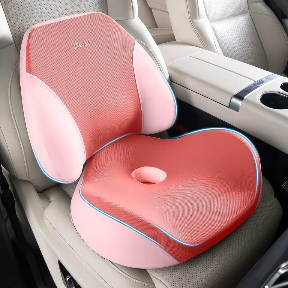 FLORICH Lumbar Support Pillow and Car Seat Cushion for Driving Car Office Chair, Memory Foam Back Support Pillow and Office Seat Chair Cushion for Sciatica Pain Relief - Pink