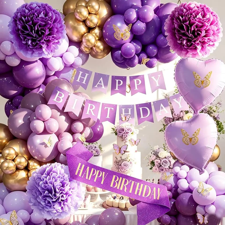 Purple Birthday Decorations - Birthdays Decoration for Women,Violet Lavender Party Decorations - Purple and Gold Balloons,Happy Birthday Banner for Women Girls Butterfly Birthdays