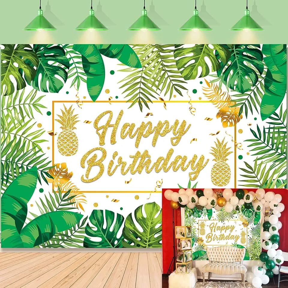 Tropical Palm Happy Birthday Backdrop 8x6FT Hawaiian Luau Background Jungle Green Gold Leaves Birthday Decoration for Men Women Party Banner Supplies Photo Props (2.4 x 1.8m)