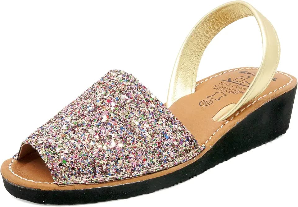 Avarca Damen Keilsandalen Glitzer Menorquina Leder Sandalen Keilabsatz 39