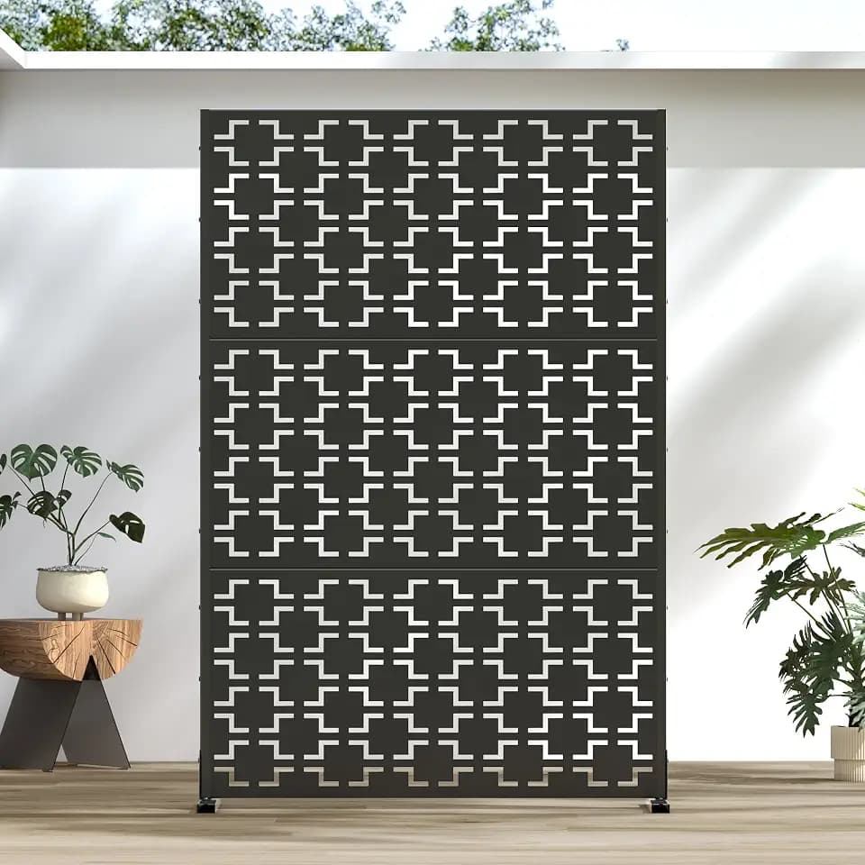 Casaphoria 72" H x 47" W Metal Outdoor Privacy Screen, Freestanding Decorative Divider for Patio, Deck, Balcony, and Garden with Stable Base, Black-Square