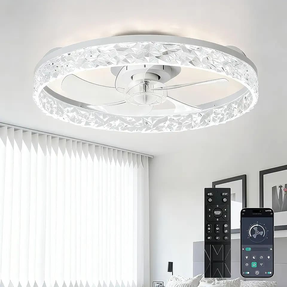 Depuley Ceiling Fans with Lights and Remote: Full Package 20" Modern Low Profile Flush Mount LED Ceiling Fan for Bedroom App Control - White Crystal Bladeless Fandelier for Laundry Room Kitchen