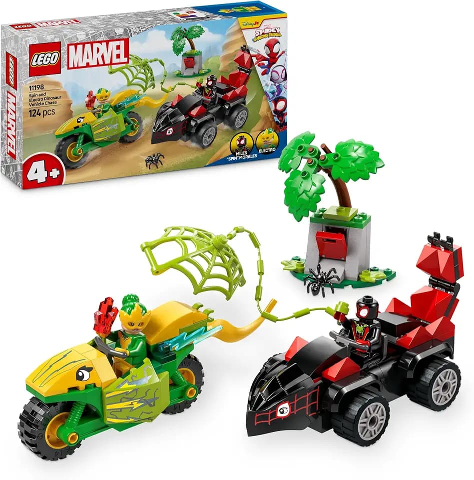 LEGO Marvel Actionspaß mit Spin und Electro in ihren Dino-Flitzern, baubares Superheldenauto für Jungen und Mädchen ab 4 Jahren, Helden Set mit Spielzeug Auto, Spidey und Seine Super-Freunde 11198