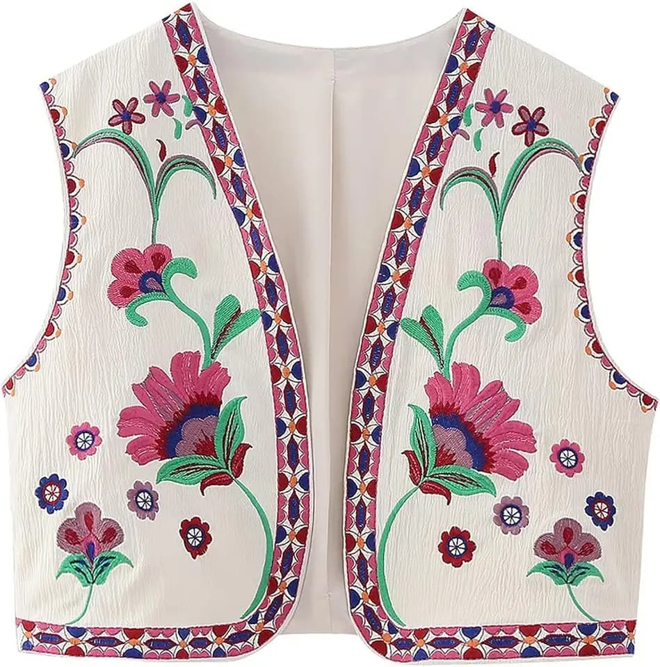 Damen-Weste, Vintage, Boho, Blumenstickerei, ärmellos, bauchfrei, Cardigan, Oberbekleidung, Oberbekleidung