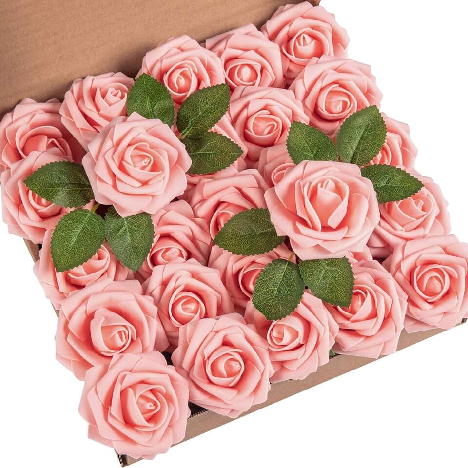 DuHouse Künstliche Rosen, 25 Stück Schaumrosen, für Hochzeit Deko,Pfirsich | Kunst Rosen mit Stiel, künstlich blumen wie echt, für Heimdekoration, Hochzeitsstrauß, Tafelaufsatz, Blumenarrangement