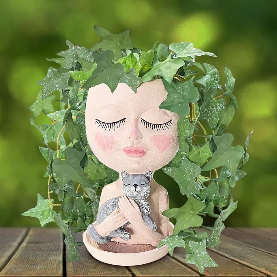Cat Face Planter Pot, Lady Head Flower Pot Resin with Drainage Hole