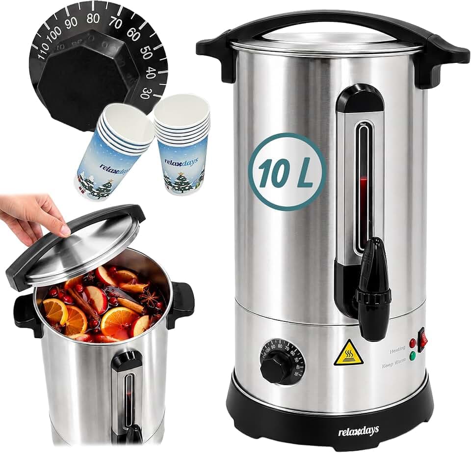 Relaxdays Glühweinkocher, 10 l, 30–110 °C, Zapfhahn, Thermostat, silber