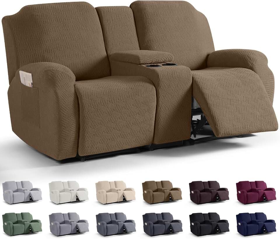 KinCam Loveseat Recliner Covers with Middle Console Slipcover, Light Coffee