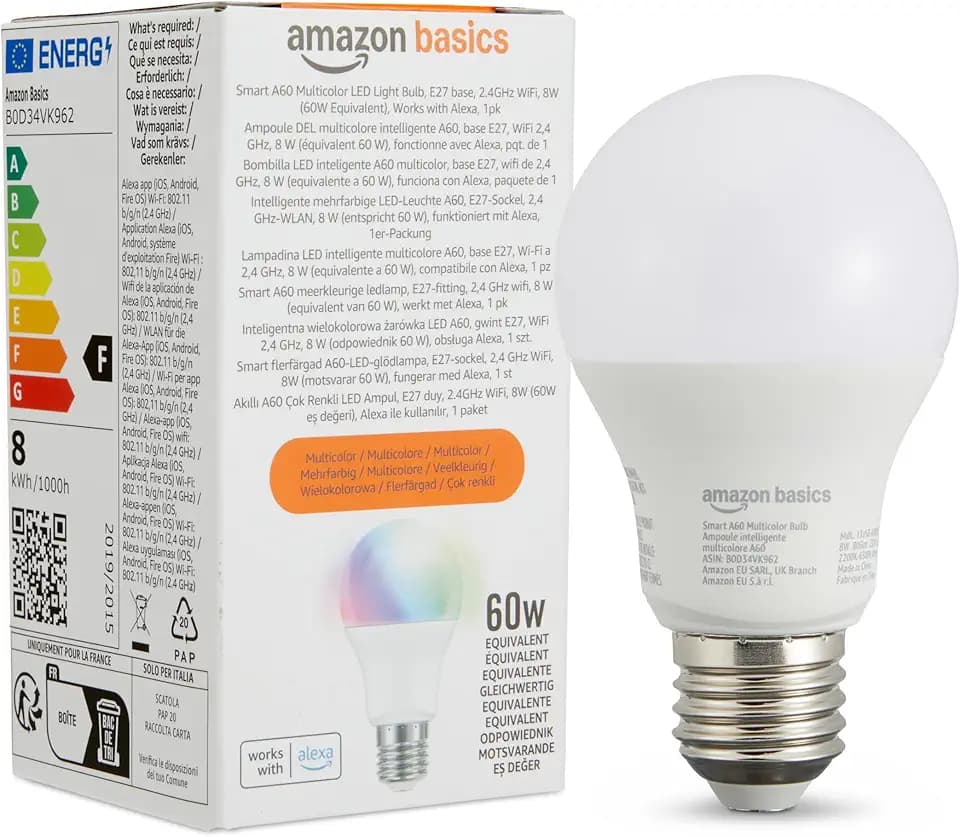 Amazon Basics Smarte LED-Glühbirne, farbenwechselnd, E27, 8W (entspricht 60W), funktioniert nur mit Alexa, 1 Stück, Mehrfarbig