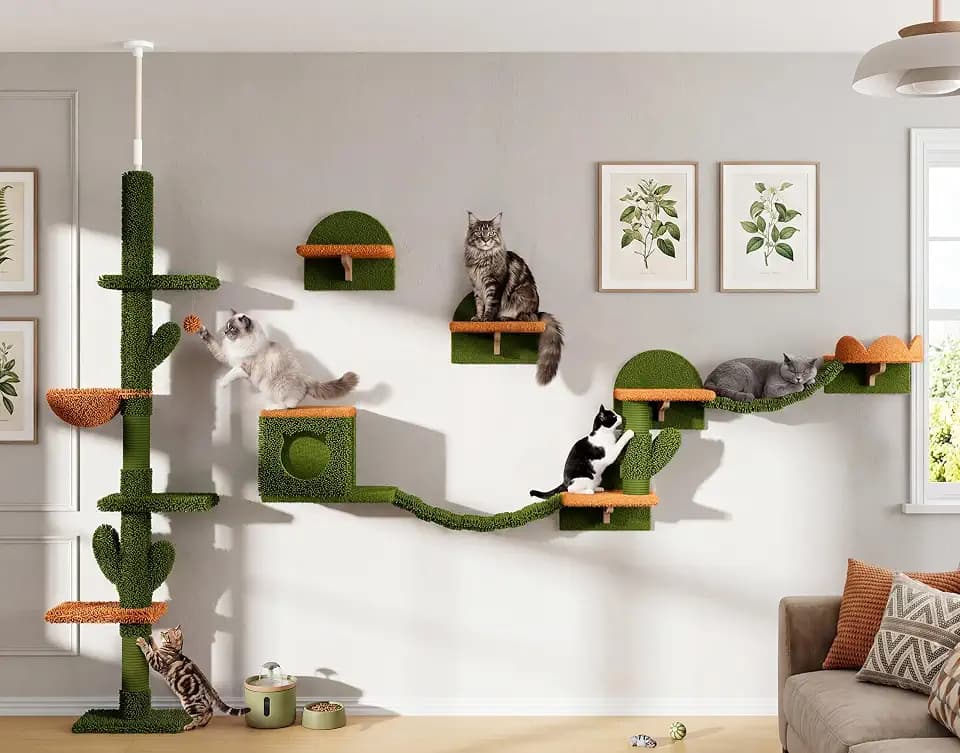 Cactus Floor to Ceiling Cat Tower, 10-in-1 Cat Wall Shelves, Green