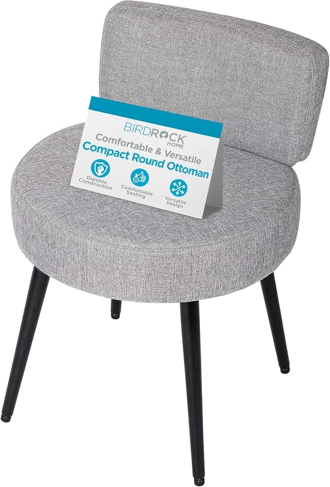 BIRDROCK HOME Linen Chair w/Back - Small Padded Footrest - Compact Round Ottoman Foot Stool - Living Room, Office, Dorm Chair - Upholstered Soft Seating - Black Metal Legs - Couch, Desk, Sofa - Grey
