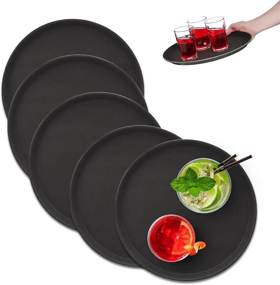 Relaxdays Serviertablett 5er Set, rutschfeste Oberfläche, rundes Kellnertablett, Getränke, Gastronomie, Ø 35 cm, schwarz