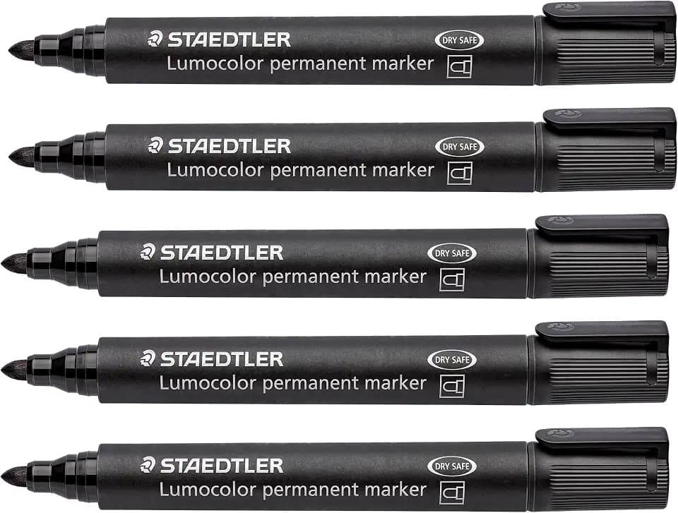 Staedtler Permanentmarker Lumocolor permanent, wisch- und wasserfest, Rundspitze 2 mm, nachfüllbar, schnelltrocknend, lange Lebensdauer, geruchsarm, 5 schwarze Marker, 352-9X