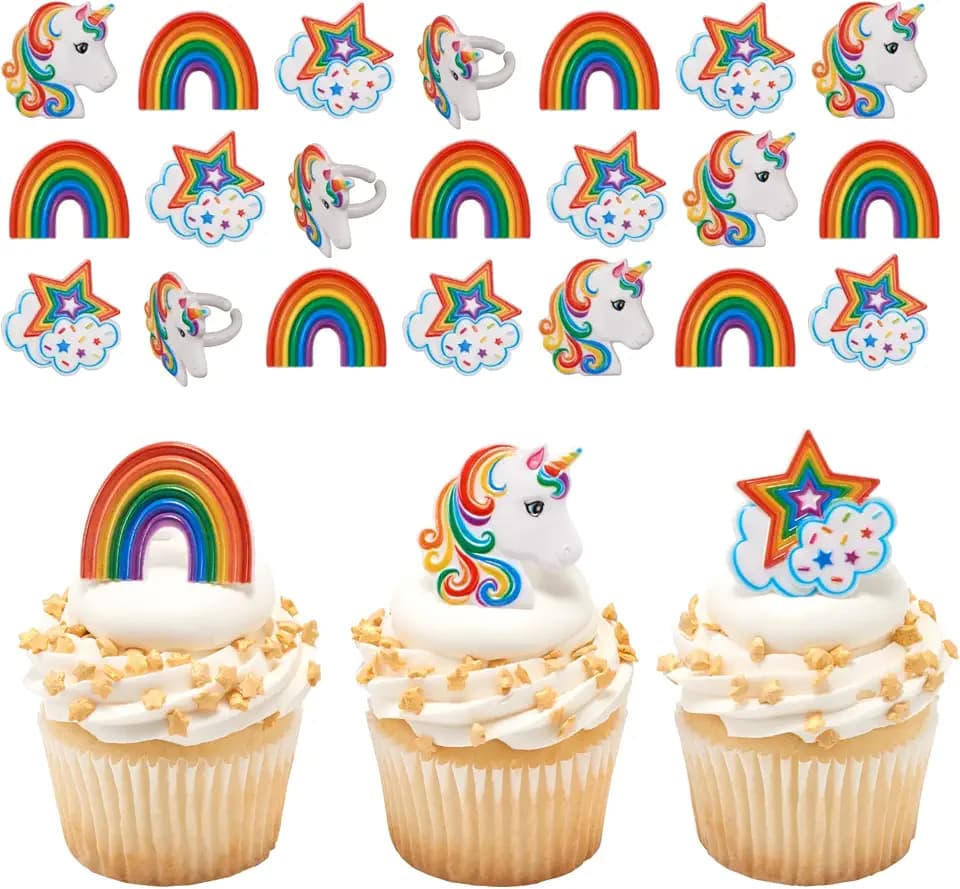 Rainbow Unicorn Cupcake Decoration Toppers | 24 Pack Party Cake Rings
