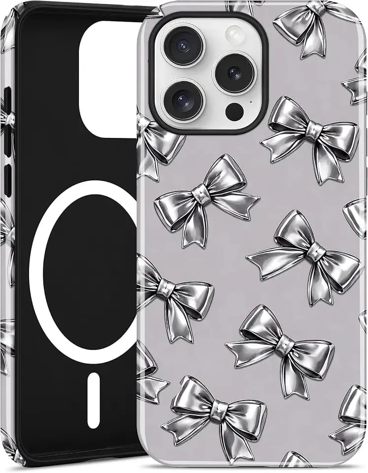 Magnetic Bow Phone Case for iPhone 16 Pro Max, Silver