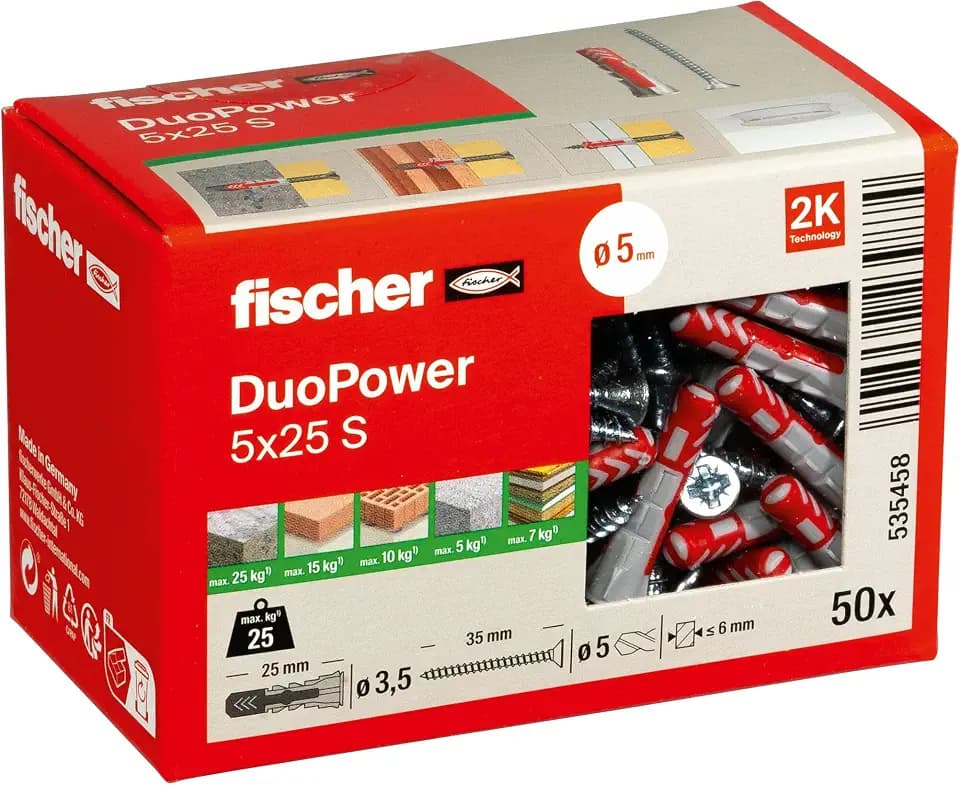 fischer DuoPower 5 x 25 S, Universaldübel mit Sicherheitsschraube, 2-Komponenten-Dübel, Kunststoffdübel zur Befestigung in Beton, Ziegeln, Stein, Gipskarton uvm., 50 Dübel + 50 Schrauben
