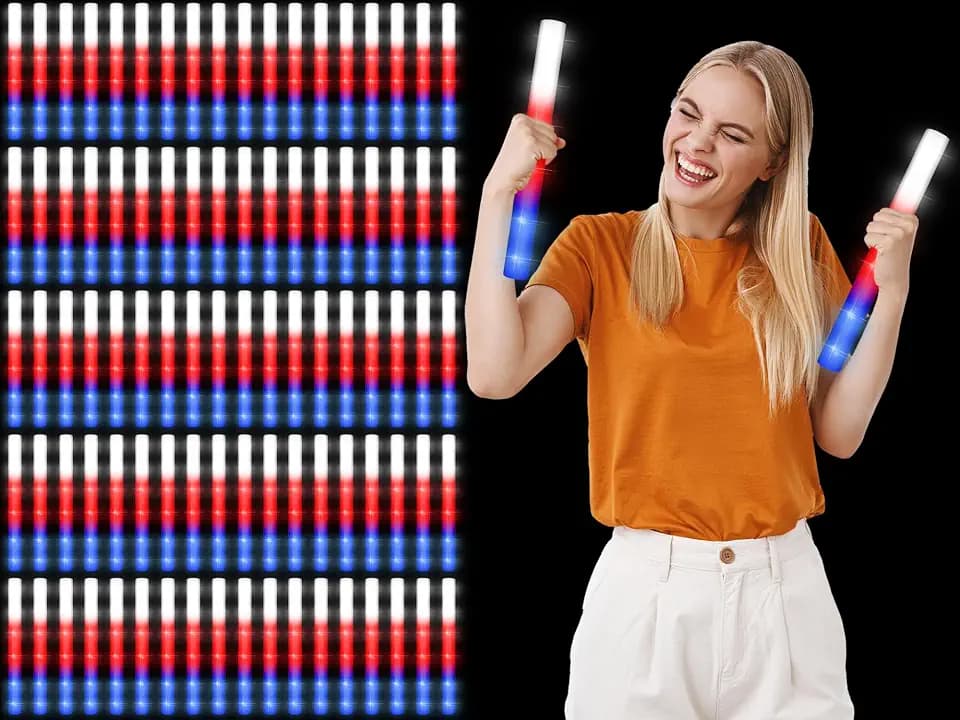 Junkin 72 Pcs 4th of July Glow Sticks Bulk 15. 8" Independence Day Red White and Blue LED Foam Lighted Sticks Patriotic with 3 Flashing Modes for Memorial Day Birthday Party