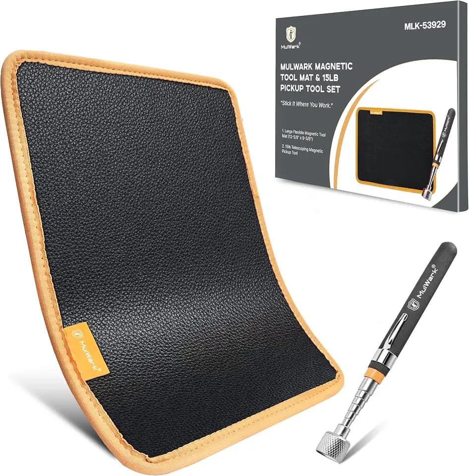 Mulwark Magnetic Tool Mat with 15Lb Magnetic Pickup Tool, 12.8"x9.8" Flexible Magnetic Mat, Magnetic Parts Holder for Organizing Screw Bolts Nuts Washers Pins Repair Tools Workshop