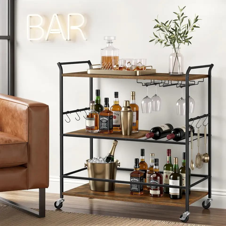 VASAGLE Bar Cart with Wheels, Drink Cart with Wine Rack and Glass Holder
