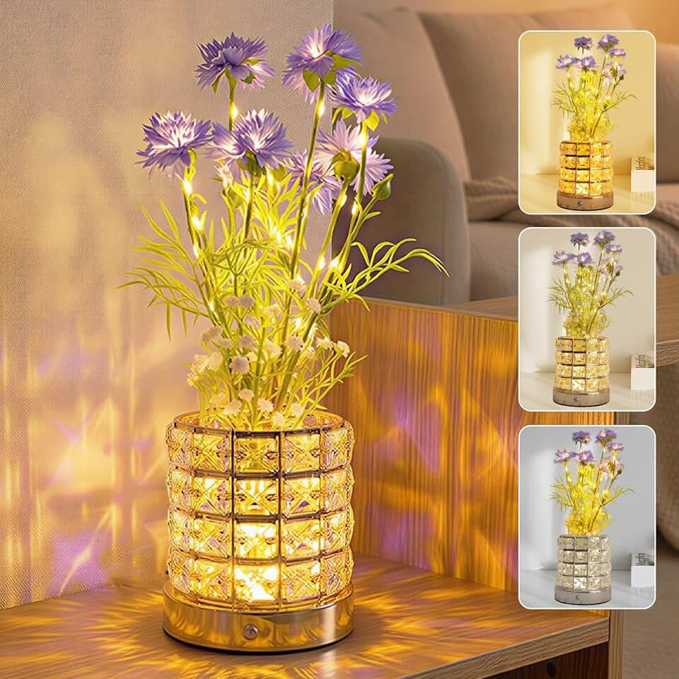 Flower Table Lamp, 3 Colors Dimmable Cornflower Artificial Flower Lamp, Cordless Touch Desk Lamp Night Light, Flower with Crystal Vase Lamps for Home Date Party Decoration (Bluish Violet-Cornflower)
