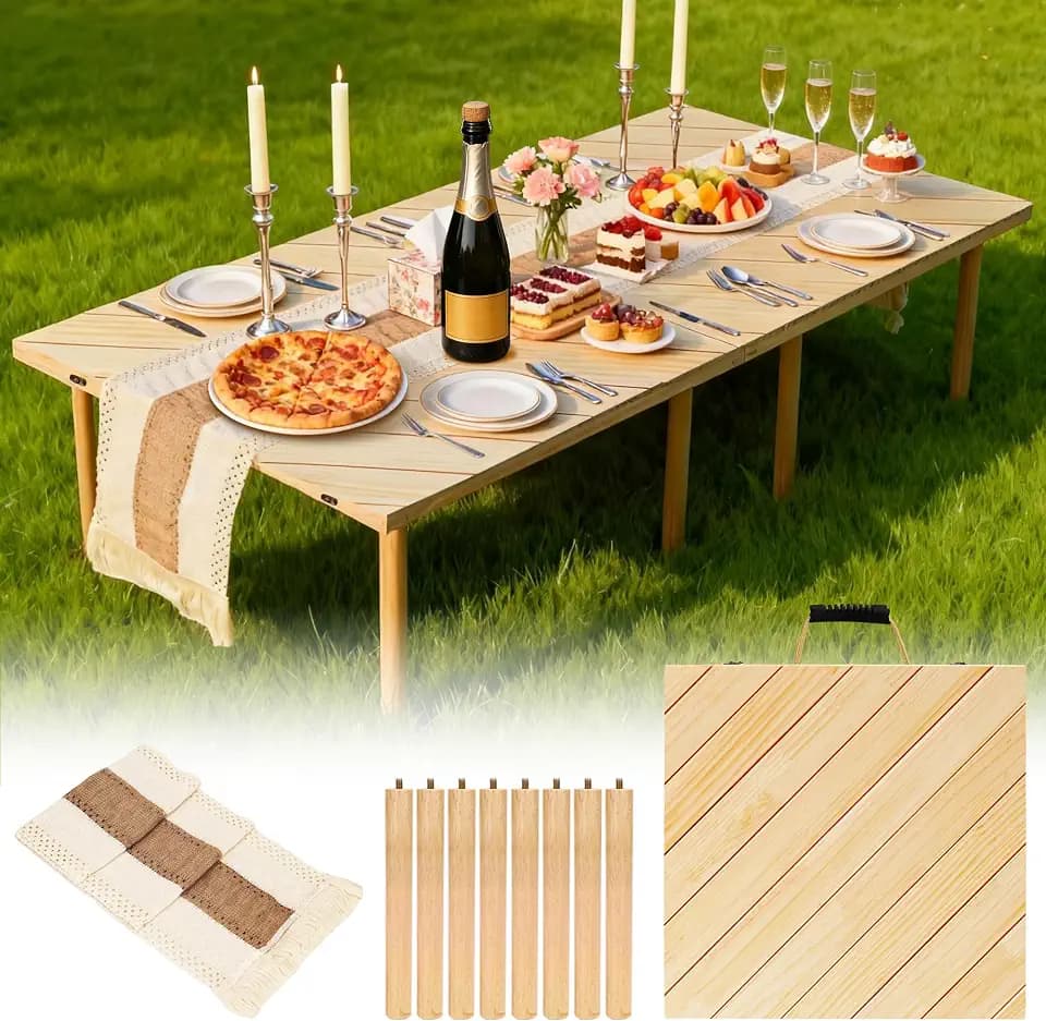 Folding Picnic Table with Boho Table Runner 60" x 30" Wooden Low Table, Portable for Indoor Outdoor Use Ideal for Camping Beach Weddings Garden Parties (Seats 6)