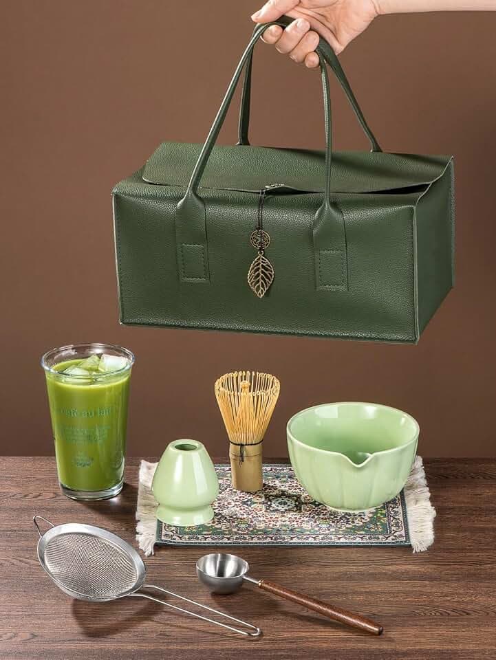 Matcha Whisk Set – Premium 7-Piece Traditional Matcha Set with Bamboo Whisk, Matcha Cup, Sifter & Green Leather Case – Complete Tea Accessories & Gift Set
