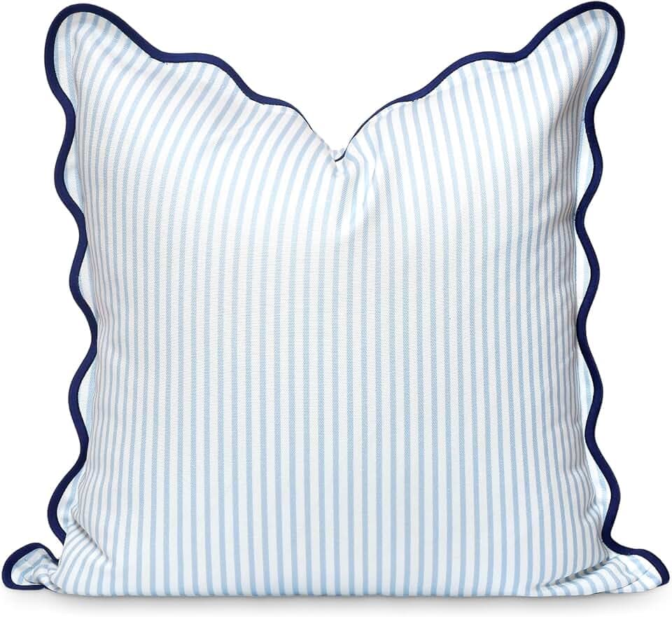 Hofdeco Premium Coastal Patio Indoor Outdoor Scalloped Throw Pillow Cover Only, 20"x20" Water Repellent for Backyard, Couch, Baby Blue Print Stripes
