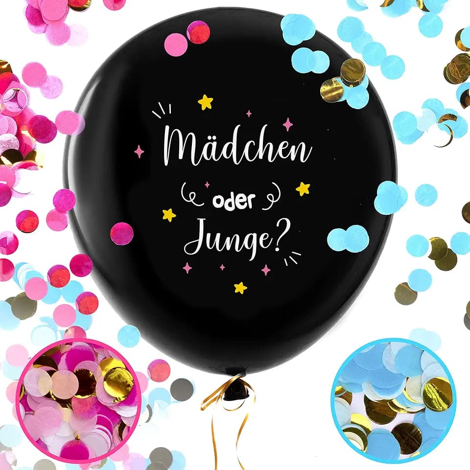 Gender Reveal Balloon (91cm) ● Komplett-Set mit Konfetti, Nadel, Fahnen und Schleife ● Einfaches Befüllen und geeignet für Helium ● Gender Reveal Party