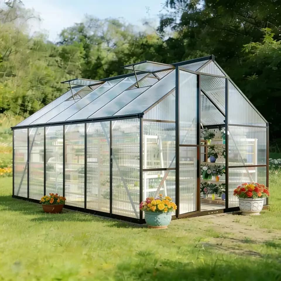 8x12 FT Outdoor Greenhouse with Roof Vent, Charcoal Black
