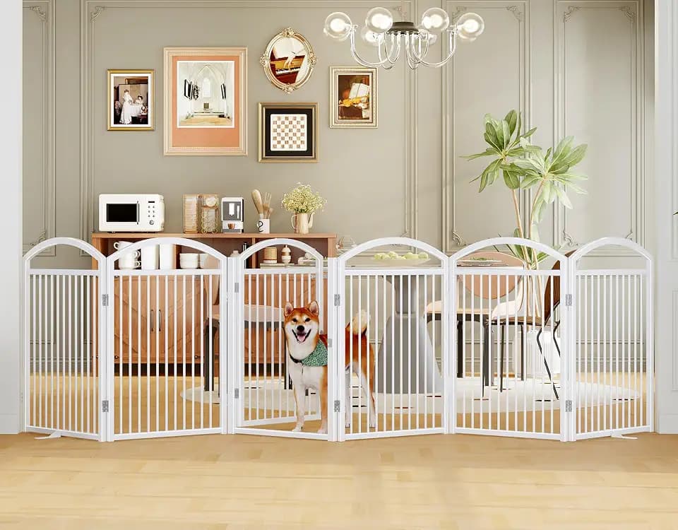 Folding Pet Fence 144" Wide, 32" Tall,Freestanding Dog Gate with Door,White