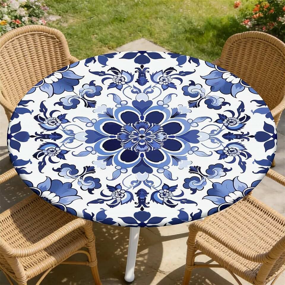 Round Fitted Tablecloth with Elastic Edge, Stain Resistant Waterproof Fabric Table Cover for 45"-48" Round Table, Indoor Outdoor Dining, Kitchen Decor, Camping, Holiday, Party, Blue Tile