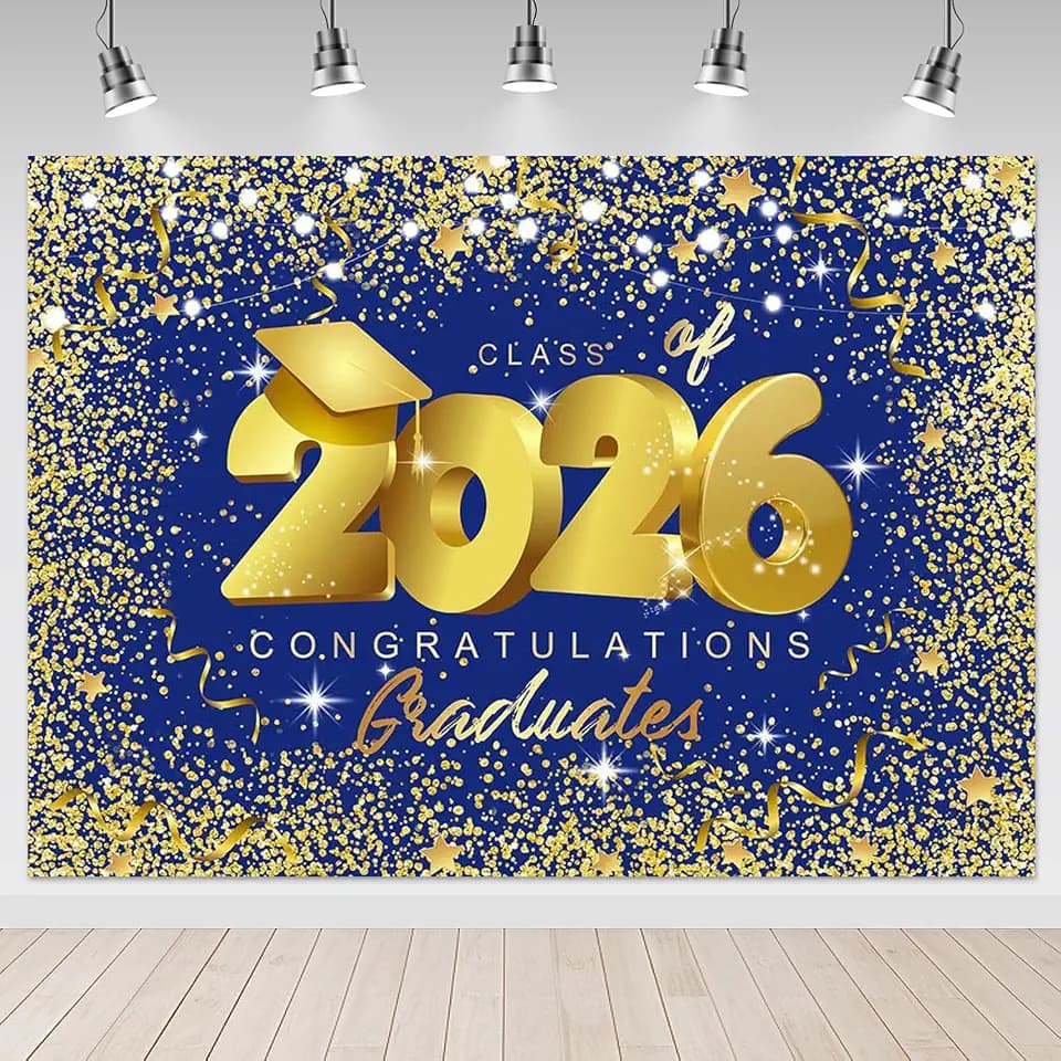 Mocsicka 10x8ft Class of 2026 Backdrop - Royal Blue Graduation Gold Congrats Grad Party Backdrops, Graduate Party Decorations Photography Studio